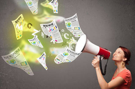 Lady Shouting into a megaphone with news sheets floating out of the mega phone