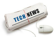 Computer mouse  connected to a rolled up newspaper with the headline Tech News