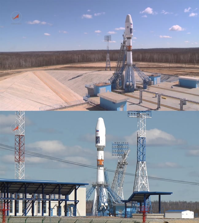 Two views of the Soyuz on the launchpad at Vostochny. Pics: Roscosmos