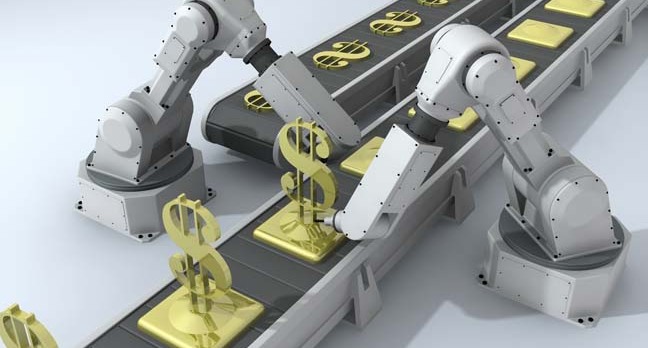 Mechanical hands produce gold bars on assembly line. Photo by Shutterstock