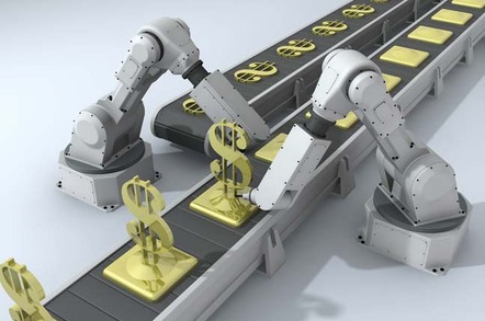 Mechanical hands produce gold bars on assembly line. Photo by Shutterstock