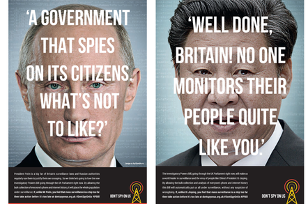 Vladimir Putin and Xi Jinping "endorse" the investigatory powers bill. Ad image supplied by Don't Spy On Us...