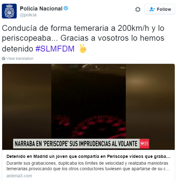 Spanish police tweet regarding the Periscope cuffing