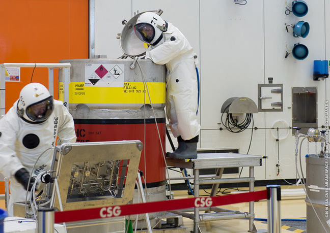 Two men in chem suits fuel Galileo 13. Pic: ESA-CNES-Arianespace / Optique video du CSG – S Martin