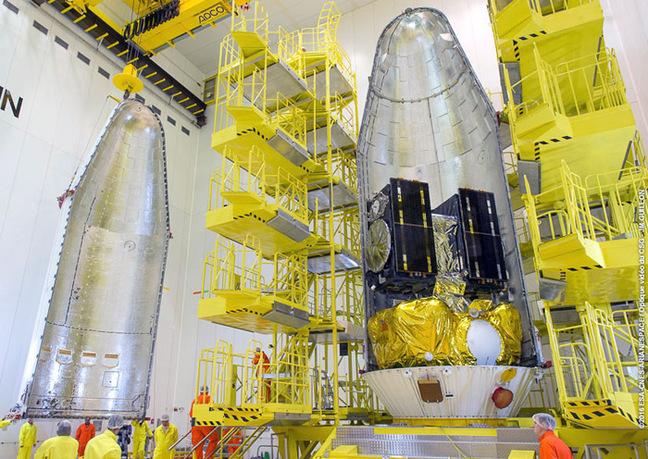 Galileos 13 and 14 during encapsulation. Pic: ESA / CNES / Arianespace – JM Guillon
