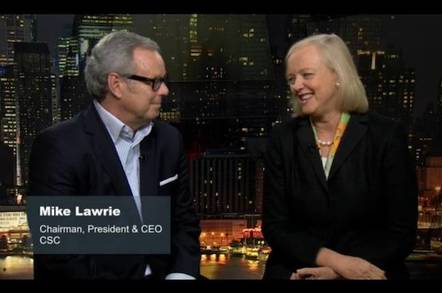 Mark Lawrie of CSC and Meg Whitman of HPE in the video announcing the merger of their services operations