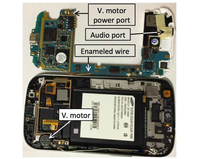 Samsung phone hacked to connect the motion sensor to the line-in port
