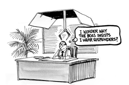 Cartoon of employee asking wky boss makes hium wear suspenders (while pincer through open trapdoor remains poised above his head) illustration by Cartoon resource for Shutterstock