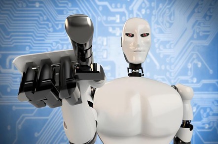 Robot touches screen with finger. Photo via Shutterstock