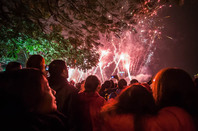Crowd watches fireworks at night in the field. Photo by Shutterstock