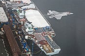 F-35Bs fly past HMS Queen Elizabeth at Rosyth dockyard, Scotland. Crown copyright