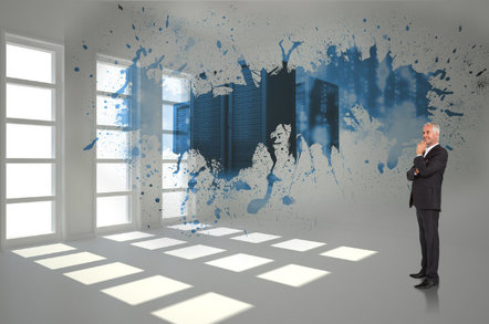 Businessman looks at abstract painting overlaid with server room... he is possibly thinking of or conceiving of a storage/compute concept. Photo by Shutterstock