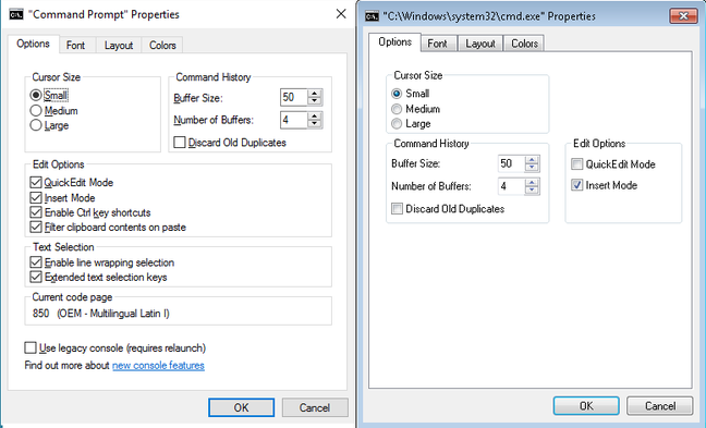 Windows 10 (left) and Windows 7 (right) command prompt properties