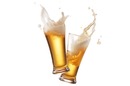 Two beer glasses clash and splash frothy beer into the air. Cheers! Photo by Shutterstock