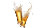 Two beer glasses clash and splash frothy beer into the air. Cheers! Photo by Shutterstock