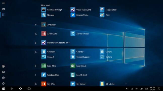 Windows 10 Tablet Mode has a full-screen All Apps Start menu Windows 10 Tablet Mode has a full-screen All Apps Start menu