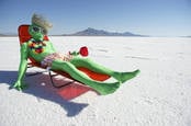 Green space alien with sombrero and drink on a sun lounger