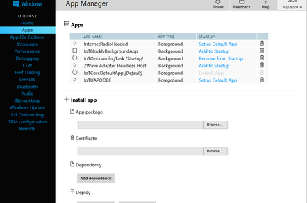 The App Manager in the Device Portal, managing Windows 10 IoT Core on Raspberry Pi