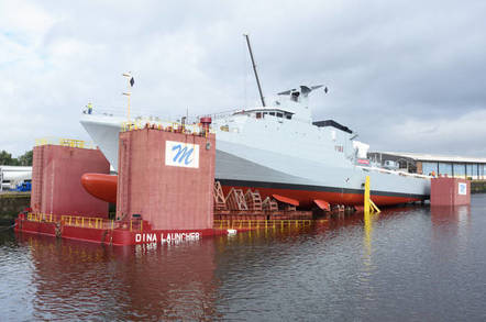 HMS Forth being lowered into the Clyde. Pic: BAE Systems