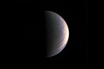 NASA's Juno spacecraft captured this view as it closed in on Jupiter's north pole, about two hours before closest approach on Aug. 27, 2016. Credits: NASA/JPL-Caltech/SwRI/MSSS