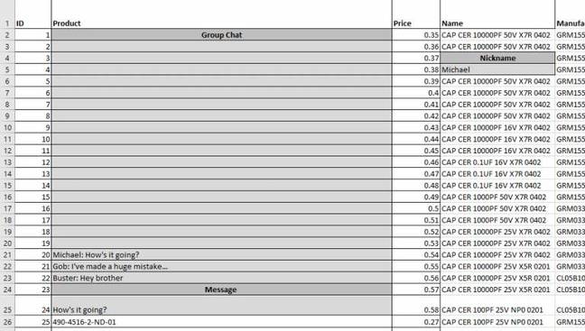 Excel messaging, skinned like a worksheet