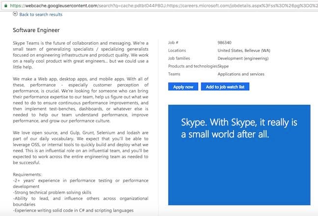 Skype Teams job ad