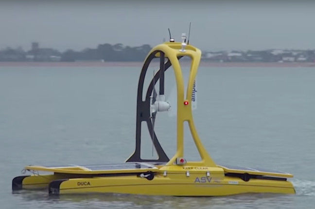 ASV Global C-Enduro robot boat. The fan is actually a wind turbine to power the electrics