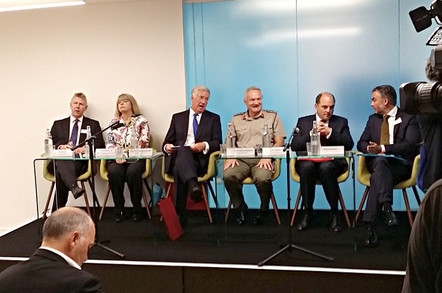 MoD tech creche launch panel. Features Def Sec Michael Fallon and Gen Sir Gordon Messenger RM, Vice-Chief of the Defence Staff