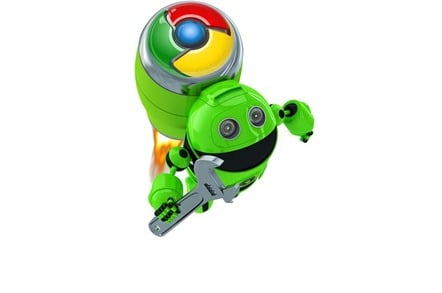 Andromeda: "Google Android" bot taking off with Chrome power backpack. Image mashup of two SHutterstock stock images.