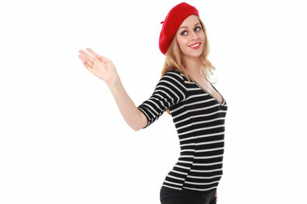 woman in beret representing France waves goodbye, perhaps to Brexiting British? photo by shutterstock