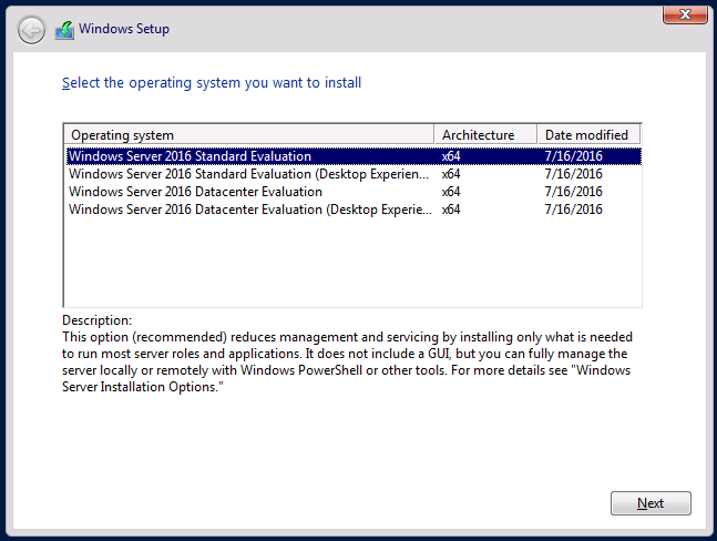 The default Windows Server 2016 setup is without a GUI