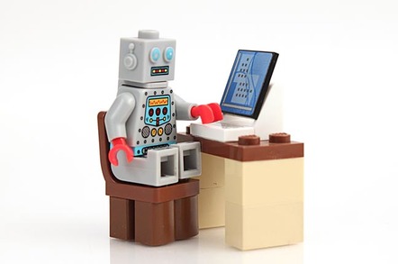 lego robot sits at lego pc. Photo by Shutterstock -EDITORIAL USE ONLY MUST CREDI cj macer