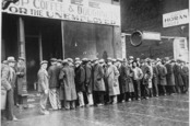Unemployed men queued outside a depression soup kitchen opened in Chicago by Al Capone U.S. Information Agency. (08/01/1953 - 03/27/1978)