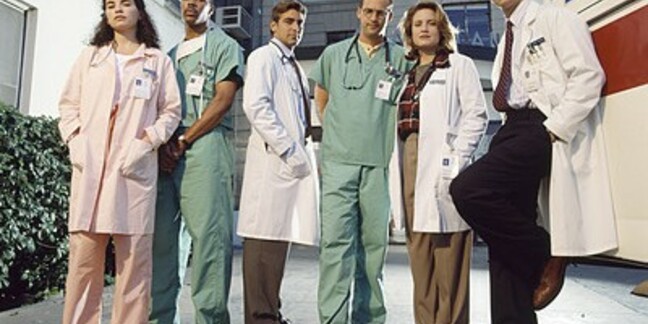 Cast of '90s show ER, from L to R: Julianna Margulies, Eriq La Salle, George Clooney, Anthony Edwards, Sherry Stringfield and Noah Wyle. Credits, images, characters and others all belong to Constant c Productions, NBC Universal, Amblin Television and Warner Bros. Television.