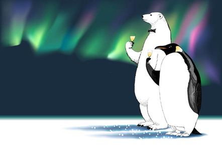 A bear and a penguin celebrate with champagne. Photo by Shutterstock
