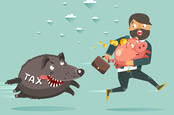 Hound of tax pursues man running with piggy bank...hound of tax pursues fleeing piggybank-clutching business suit guy