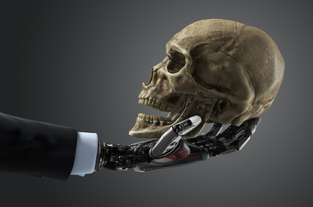 Robot hand human skull photo via Shutterstock