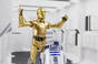 Recreation of a scene from Star Wars A New Hope: Droids R2-D2 and C-3PO escaping the Tantive IV while under Imperial attack. Figures are 6 inch Hasbro Black Series action figures