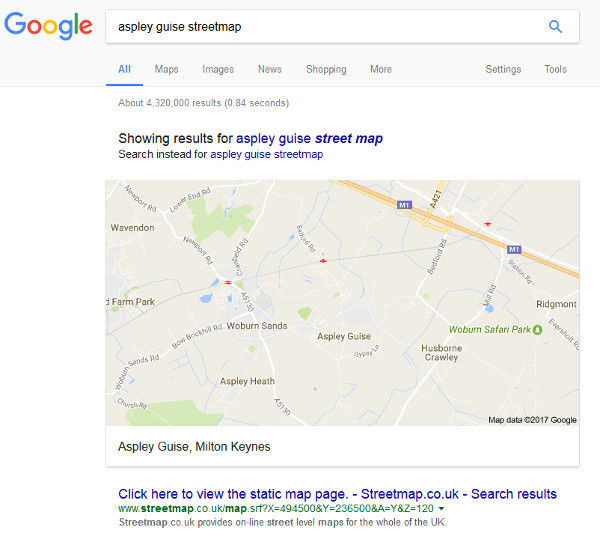 Screenshot of a Google search for Streetmap