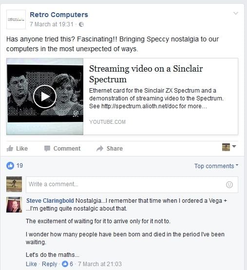 An unhappy Vega+ backer posting on Retro Computer's Facebook page