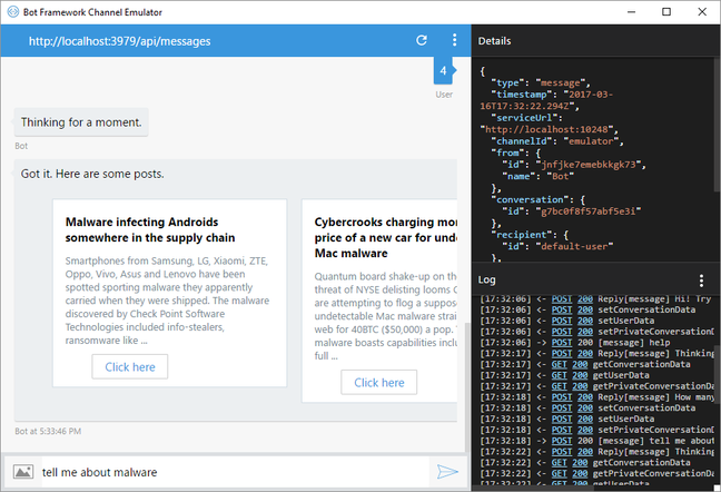 The Bot Framework emulator talking to RegBot