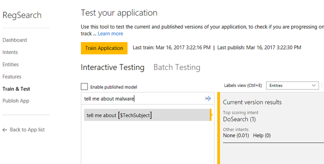 Training the RegBot language understanding service