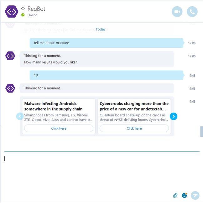 Talking to RegBot via Skype