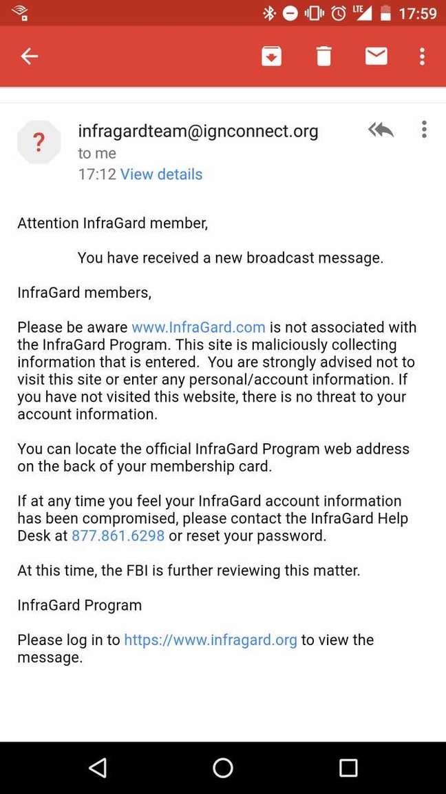 Phish sent to Infragard members