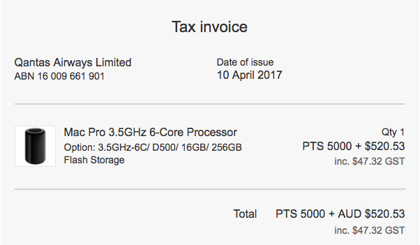 Qantas invoice for super-cheap Mac Pro