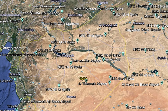 DJI's drone geofences across Iraq and Syria. Screenshot from Google Earth map