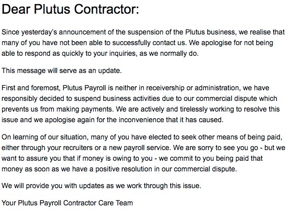 Plutus Payroll letter to contractors