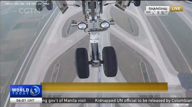 The view from the C919's wheel well on its maiden flight