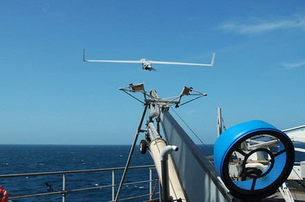 An Insitu Scaneagle drone being launch from a Royal Navy warship. Crown copyright