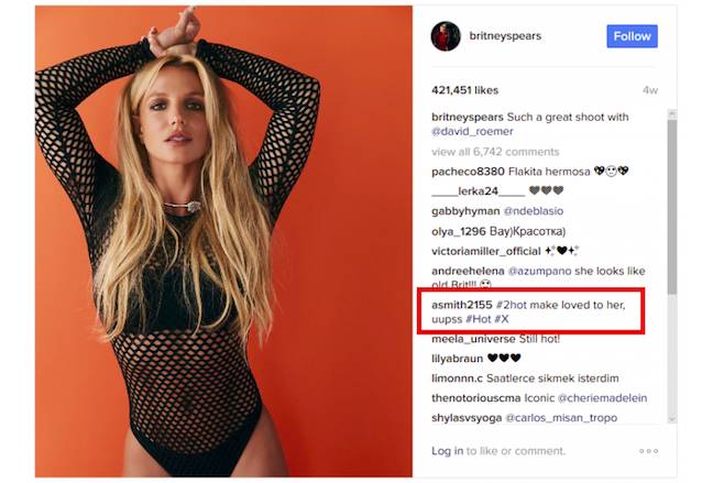 Britney Spears Instagram showing C&C comment